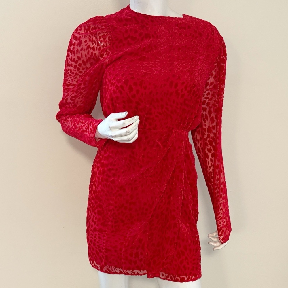 The Kooples Artichoke Burnout Red Velvet Leopard Mini Dress Puff Shoulder Size 1